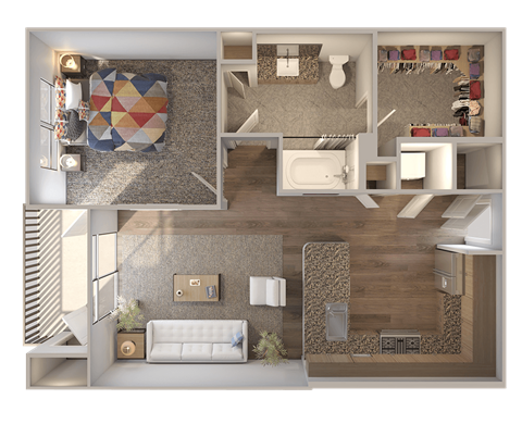 Floor plan for 1 bed, 1 bath, 709 sqft